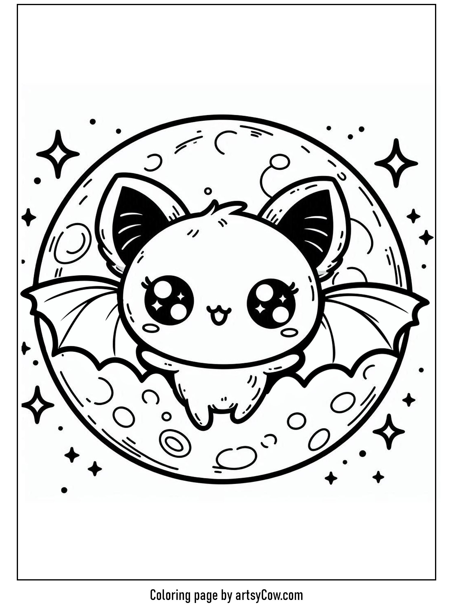halloween coloring pages with bats, featuring a cute bat amidst a starry night encased in a playfully dripping moon.